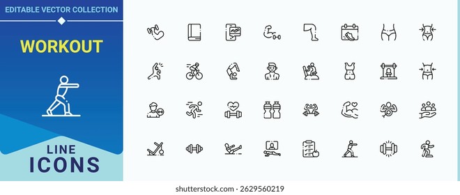 Ícone de treino definido em estilo linear. Contém relacionados com dieta, atividade, estilo de vida, ajuste, esporte, saúde, saudável e muito mais. Fitness e Gym ícone set. Contornar ícones de pacote. Ilustração vetorial.