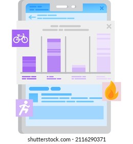 Icono de entrenamiento. Controlar las actividades diarias del vector de aplicaciones móviles. Línea de tiempo y gráfico. Calendario simple, ejercicio y plan de proyectos de ocio. Aplicación para smartphone de seguimiento de estado