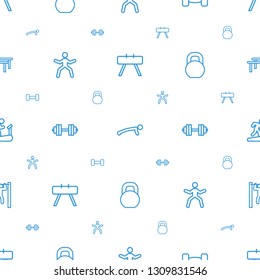 workout icons pattern seamless white background. Included editable outline fintess equipment, man doing exercises, barbell, man on treadmill icons. workout icons for web and mobile.