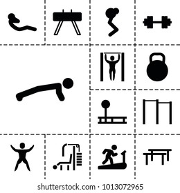 Workout icons. set of 13 editable filled workout icons such as horizontal bar, fintess equipment, man doing exercises, man on treadmill, abdoninal workout, kettle