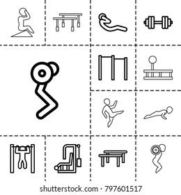 Workout icons. set of 13 editable outline workout icons such as horizontal bar, man doing exercises, gym equipment, bar   tightening, abdoninal workout, barbell   isolated
