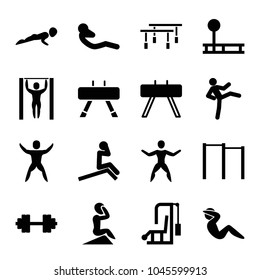 Workout icons. set of 16 editable filled workout icons such as horizontal bar, fintess equipment, man doing exercises, gym equipment, abdoninal workout, barbell   isolated