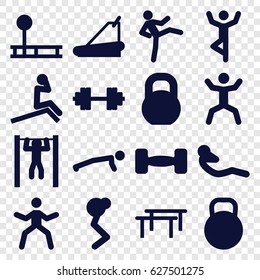 Workout icons set. set of 16 workout filled icons such as treadmill, bar   tightening, squat, abdoninal workout, barbell, kettle, barbell   isolated, fintess equipment