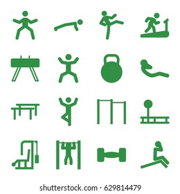 Workout icons set. set of 16 workout filled icons such as bar   tightening, squat, abdoninal workout, barbell, kettle, horizontal bar, fintess equipment, man doing exercises