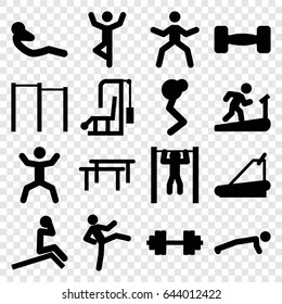 Workout icons set. set of 16 workout filled icons such as treadmill, bar   tightening, squat, abdoninal workout, barbell, barbell   isolated, horizontal bar