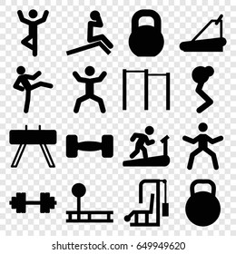 Workout icons set. set of 16 workout filled icons such as treadmill, squat, barbell, kettle, barbell   isolated, horizontal bar, fintess equipment, man doing exercises