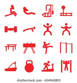 Workout icons set. set of 16 workout filled icons such as treadmill, bar   tightening, squat, abdoninal workout, barbell, kettle, horizontal bar, fintess equipment