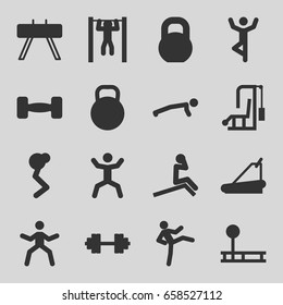 Workout icons set. set of 16 workout filled icons such as treadmill, bar   tightening, squat, barbell, kettle, barbell   isolated, fintess equipment, man doing exercises