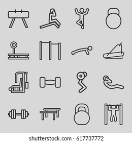 Workout icons set. set of 16 workout outline icons such as treadmill, bar   tightening, abdoninal workout, barbell, kettle, barbell   isolated, horizontal bar