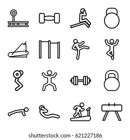 Workout icons set. set of 16 workout outline icons such as treadmill, squat, abdoninal workout, barbell, kettle, barbell   isolated, horizontal bar, fintess equipment