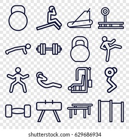 Workout icons set. set of 16 workout outline icons such as treadmill, abdoninal workout, barbell, kettle, barbell   isolated, horizontal bar, fintess equipment