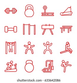 Workout icons set. set of 16 workout outline icons such as treadmill, bar   tightening, squat, barbell, kettle, barbell   isolated, horizontal bar, fintess equipment