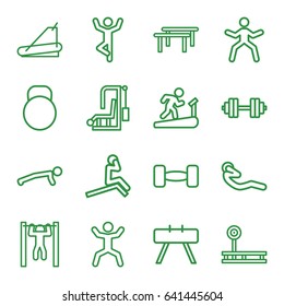 Workout icons set. set of 16 workout outline icons such as treadmill, bar   tightening, squat, abdoninal workout, barbell, kettle, barbell   isolated, fintess equipment