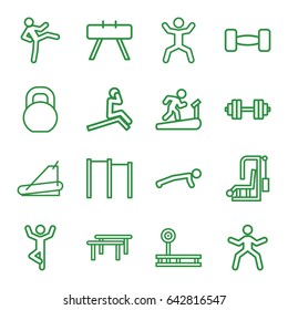 Workout icons set. set of 16 workout outline icons such as treadmill, squat, barbell, barbell   isolated, horizontal bar, fintess equipment, man doing exercises