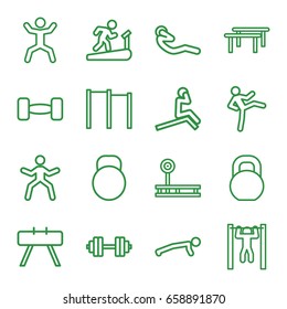 Workout icons set. set of 16 workout outline icons such as bar   tightening, squat, abdoninal workout, barbell, kettle, barbell   isolated, horizontal bar, fintess equipment