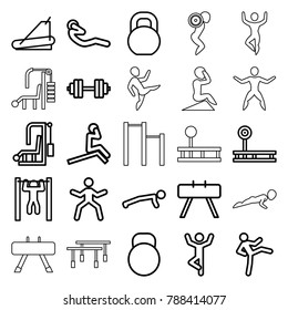 Workout icons. set of 25 editable outline workout icons such as fintess equipment, man doing exercises, gym equipment, treadmill, bar   tightening, abdoninal workout, barbell