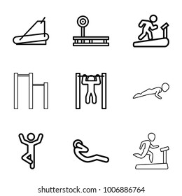 Workout icons. set of 9 editable outline workout icons such as fintess equipment, man doing exercises, man on treadmill, treadmill, bar   tightening, abdoninal workout