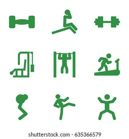 Workout icons set. set of 9 workout filled icons such as bar   tightening, squat, barbell, barbell   isolated, man doing exercises, man on treadmill