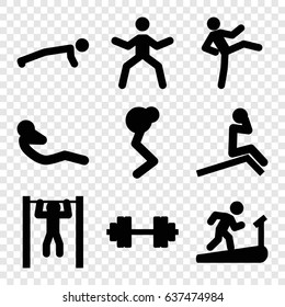 Workout icons set. set of 9 workout filled icons such as bar   tightening, abdoninal workout, barbell   isolated, man doing exercises