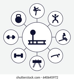 Workout icons set. set of 9 workout filled icons such as squat, barbell, kettle, barbell   isolated, fintess equipment