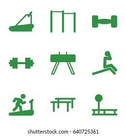 Workout icons set. set of 9 workout filled icons such as treadmill, barbell, barbell   isolated, horizontal bar, fintess equipment, man doing exercises