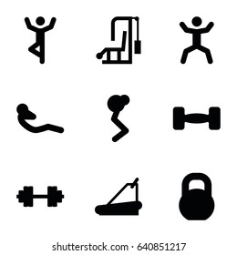 Workout icons set. set of 9 workout filled icons such as treadmill, squat, abdoninal workout, barbell, barbell   isolated, man doing exercises