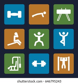 Workout icons set. set of 9 workout filled icons such as bar   tightening, squat, barbell, barbell   isolated, fintess equipment, man doing exercises