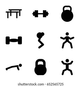 Workout icons set. set of 9 workout filled icons such as squat, barbell, kettle, barbell   isolated, horizontal bar