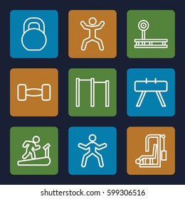 workout icons set. Set of 9 workout outline icons such as squat, barbell, horizontal bar, fintess equipment, man doing exercises, man on treadmill