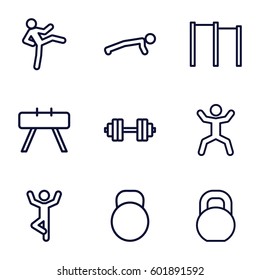 workout icons set. Set of 9 workout outline icons such as squat, barbell, kettle, barbell   isolated, horizontal bar, fintess equipment