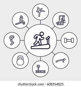 Workout icons set. set of 9 workout outline icons such as barbell, fintess equipment, man doing exercises, man on treadmill