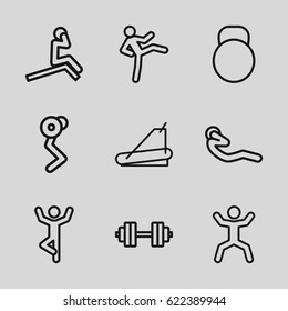 Workout icons set. set of 9 workout outline icons such as treadmill, squat, abdoninal workout, kettle, barbell   isolated