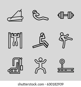 Workout icons set. set of 9 workout outline icons such as treadmill, bar   tightening, squat, abdoninal workout, barbell   isolated, fintess equipment, man doing exercises