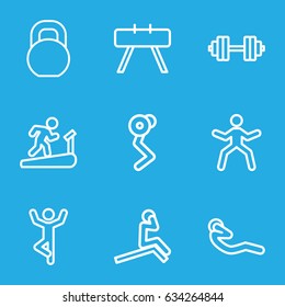 Workout icons set. set of 9 workout outline icons such as abdoninal workout, barbell, barbell   isolated, fintess equipment, man doing exercises