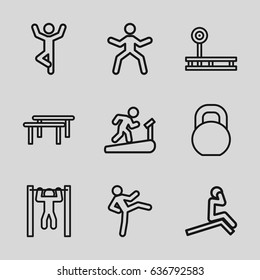 Workout icons set. set of 9 workout outline icons such as bar   tightening, barbell, fintess equipment, horizontal bar, man doing exercises