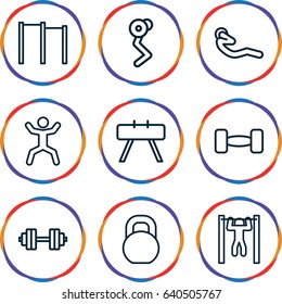 Workout icons set. set of 9 workout outline icons such as bar   tightening, squat, abdoninal workout, barbell, barbell   isolated, horizontal bar, fintess equipment