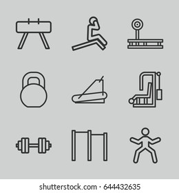 Workout icons set. set of 9 workout outline icons such as treadmill, barbell, barbell   isolated, horizontal bar, fintess equipment, man doing exercises