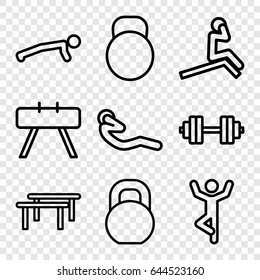 Workout icons set. set of 9 workout outline icons such as abdoninal workout, barbell, kettle, barbell   isolated, fintess equipment, horizontal bar