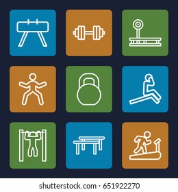 Workout icons set. set of 9 workout outline icons such as bar   tightening, barbell, barbell   isolated, fintess equipment, horizontal bar, man doing exercises