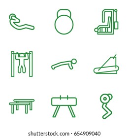 Workout icons set. set of 9 workout outline icons such as treadmill, bar   tightening, abdoninal workout, kettle, fintess equipment, horizontal bar, man doing exercises