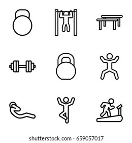 Workout icons set. set of 9 workout outline icons such as bar   tightening, squat, abdoninal workout, barbell, kettle, barbell   isolated, horizontal bar, man doing exercises