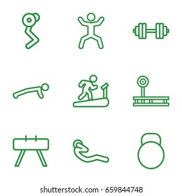 Workout icons set. set of 9 workout outline icons such as squat, abdoninal workout, kettle, barbell   isolated, fintess equipment, man doing exercises