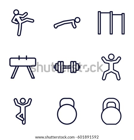 workout icons set. Set of 9 workout outline icons such as squat, barbell, kettle, barbell   isolated, horizontal bar, fintess equipment
