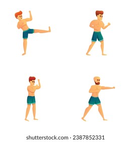 Workout icons set cartoon vector. Men practicing different kinds of martial art. Sport, healthy lifestyle
