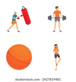 Conjunto de iconos de entrenamiento vector de dibujos animados. Personas haciendo deporte o ejercicio físico. Deporte, estilo de vida saludable