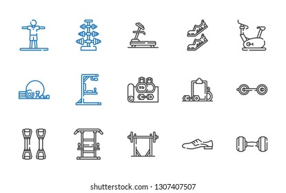 workout icons set. Collection of workout with dumbbell, shoes, barbell, gym station, chest expander, gym, stationary bike, treadmill, stretching. Editable and scalable workout icons.