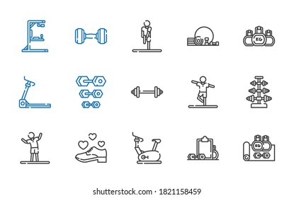 workout icons set. Collection of workout with gym, stationary bike, shoe, stretching, dumbbell, barbell, treadmill, kettlebell, gym station. Editable and scalable workout icons.