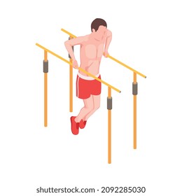 Workout isometric people composition with character of male athlete performing pull ups on parallel bars vector illustration