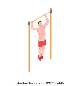 Workout isometric people composition with character of male athlete hanging on horizontal bar vector illustration