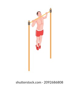 Workout isometric people composition with character of male athlete performing pull ups on horizontal bar vector illustration